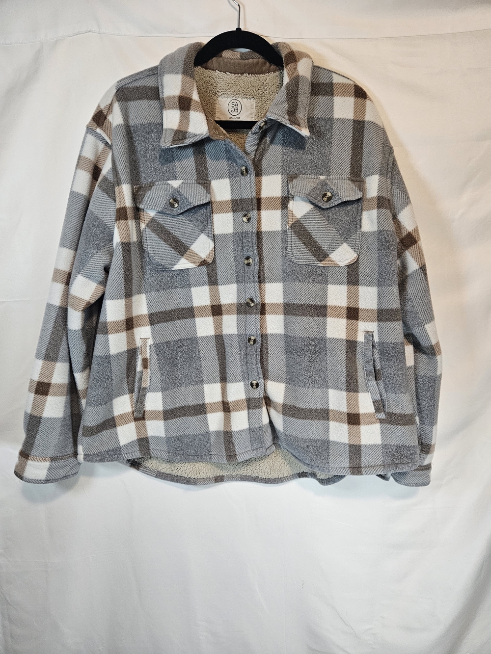 Sage Plaid Teddy Shacket Jacket - Gray, White & Brown